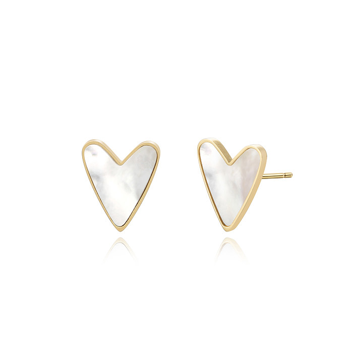 1 par casual estilo simples formato de coração chapeamento incrustado concha de aço inoxidável banhado a ouro brincos