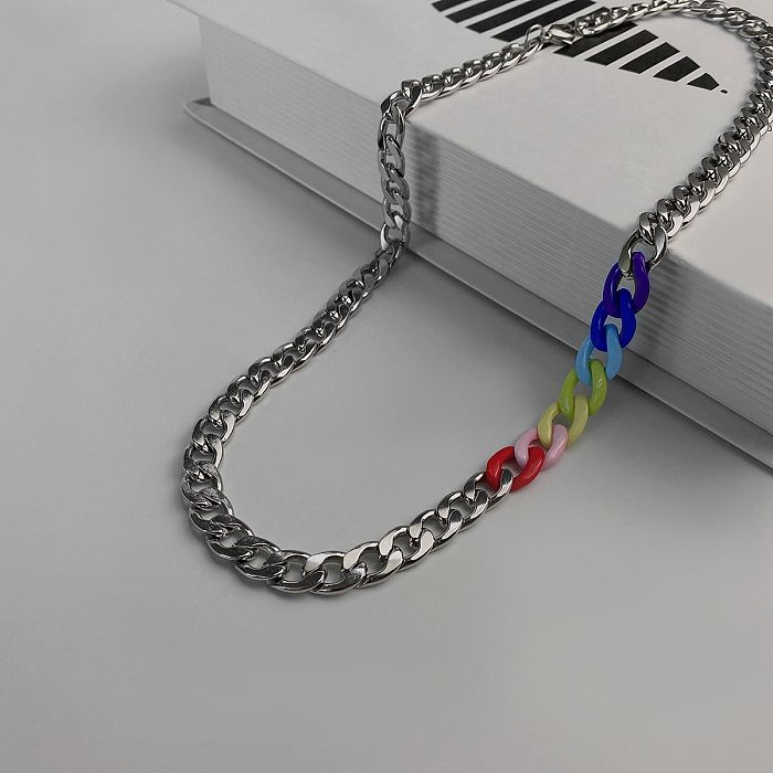 Moda simples geométrica oca corrente colorida costura colar de aço inoxidável