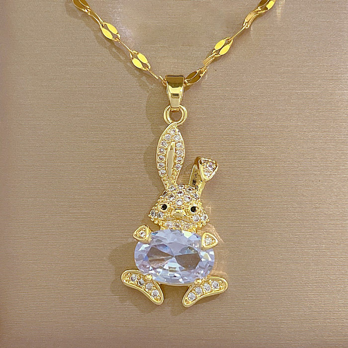 Collar con colgante de diamantes de imitación con incrustaciones de cobre y acero inoxidable de conejo a la moda