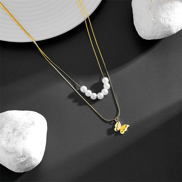 Basic Retro Butterfly Imitation Pearl Stainless Steel Layered Necklaces