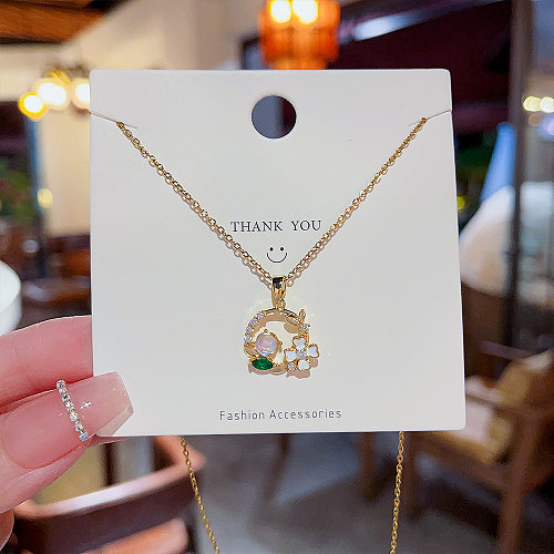 Sweet Flower Stainless Steel Inlay Zircon Pendant Necklace