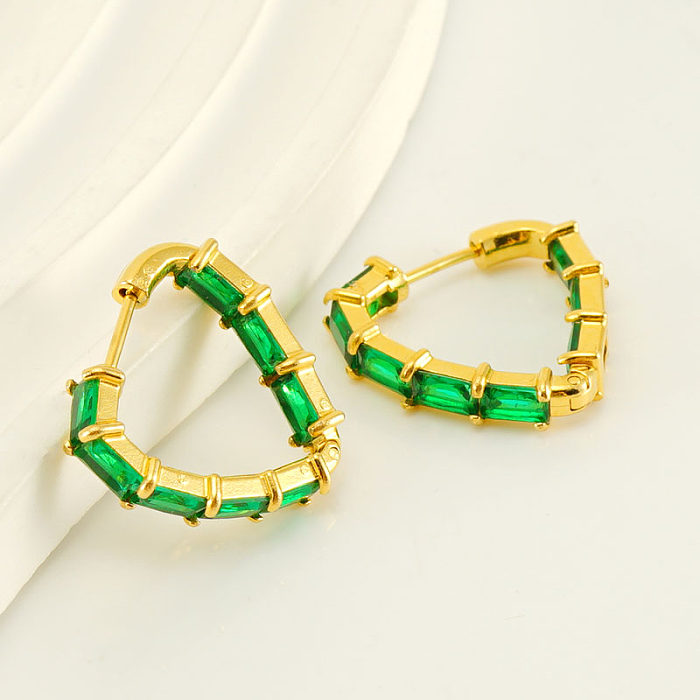 1 Paar elegante, glamouröse, herzförmige, plattierte Ohrringe aus Edelstahl mit Zirkon und 18-Karat-Vergoldung