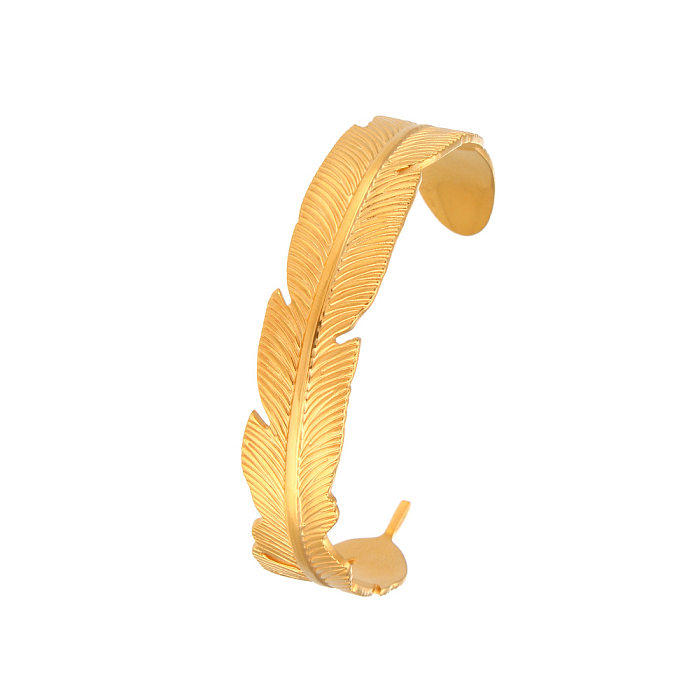 Simple Stainless Steel Plated 18K Golden Open-End Leaf Bracelet