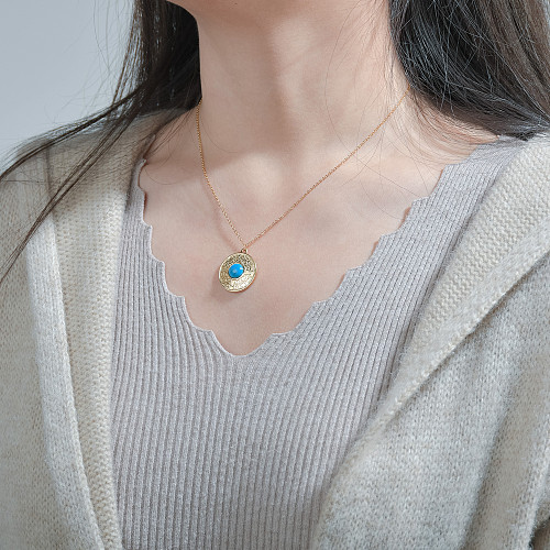 Retro Round Stainless Steel  Inlay Turquoise Pendant Necklace