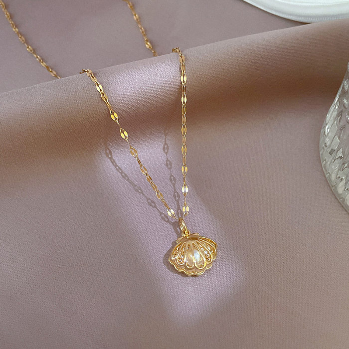 Estilo simples concha cobre banhado a ouro pérolas artificiais pingente de zircônia colar 1 peça