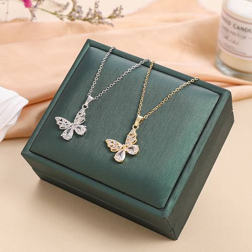 Simple Style Butterfly Stainless Steel Inlay Zircon Pendant Necklace 1 Piece