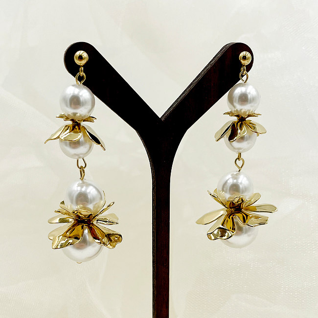 1 paire Glam Lady Commute fleur Patchwork placage acier inoxydable perle artificielle plaqué or boucles d'oreilles