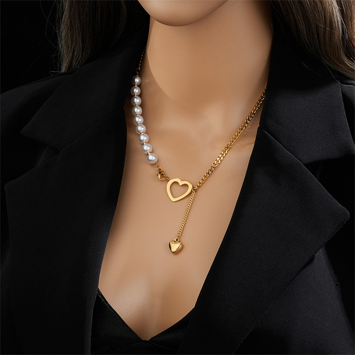 Fashion Heart Shape Stainless Steel Pearl Pendant Necklace 1 Piece