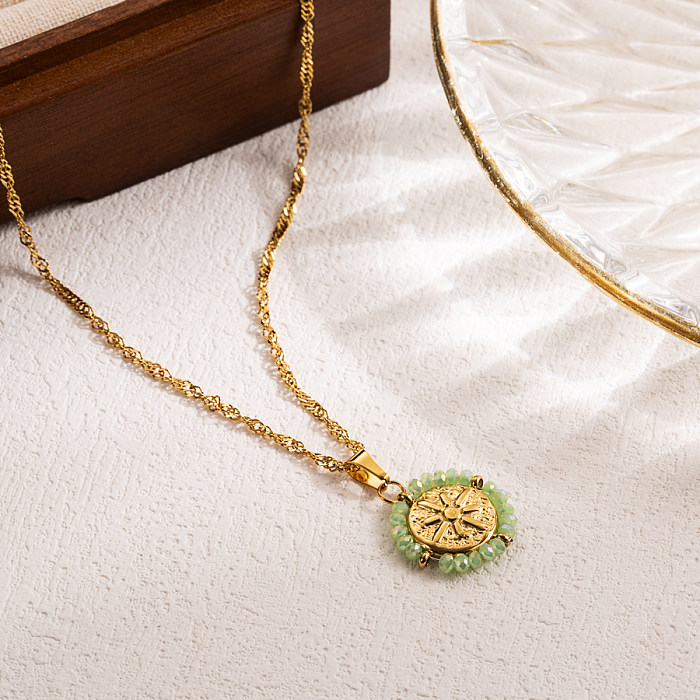 Collier pendentif rétro en acier inoxydable, Style IG, Rose ronde, coquille de perles de rocaille, plaqué or 18 carats