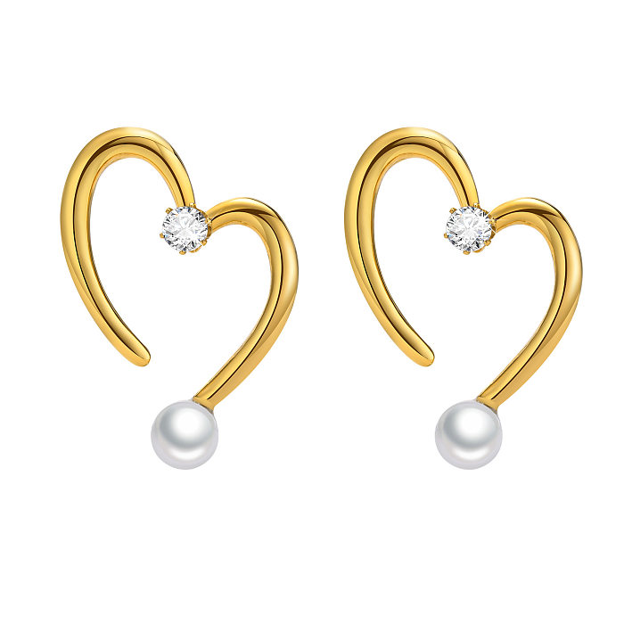 Boucles d'oreilles en forme de cœur géométrique, incrustation en acier inoxydable, perles artificielles, Zircon, 1 paire