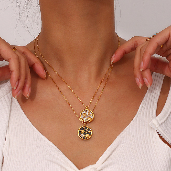1 pieza de collar con colgante de diamantes de imitación con incrustaciones de acero inoxidable y luna y estrella redonda a la moda