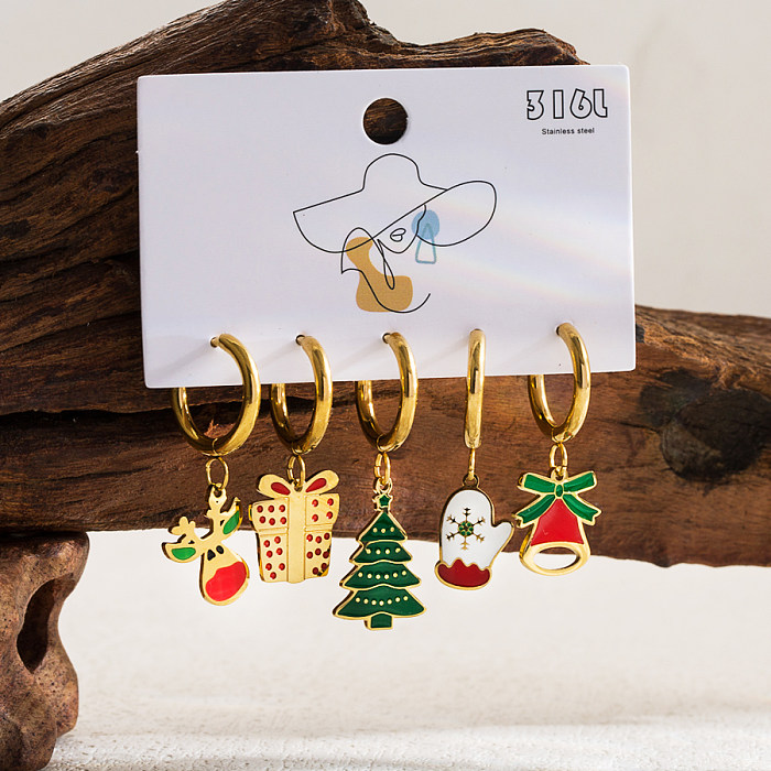 1 Set Sweet Christmas Tree Santa Claus Snowman Enamel Hollow Out Stainless Steel  14K Gold Plated Drop Earrings
