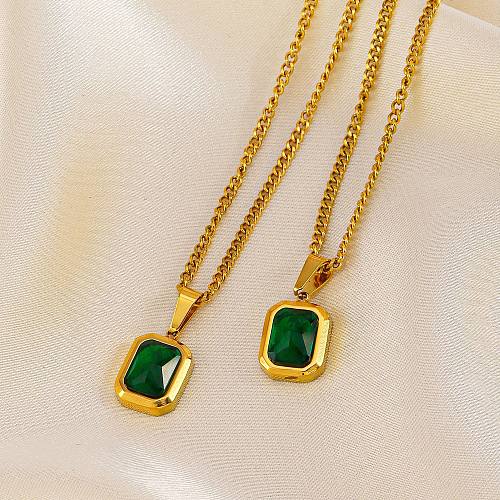 Classic Style Square Stainless Steel  Stainless Steel Plating Inlay Artificial Gemstones 18K Gold Plated Pendant Necklace
