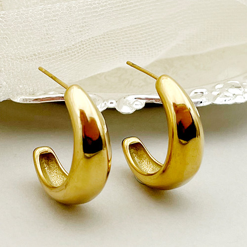 1 paire de clous d'oreilles plaqués or, Style Simple, en forme de C, en acier inoxydable, polissage et placage