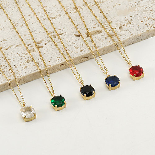 Simple Style Round Stainless Steel Inlaid Zircon Pendant Necklace 1 Piece