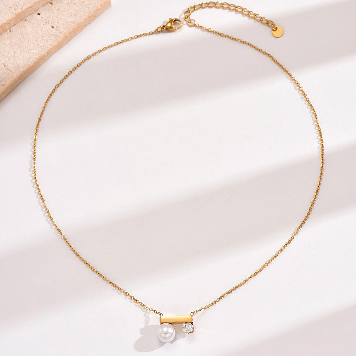 Style classique style coréen géométrique en acier inoxydable polissage placage incrustation de perles artificielles strass collier plaqué or 14 carats