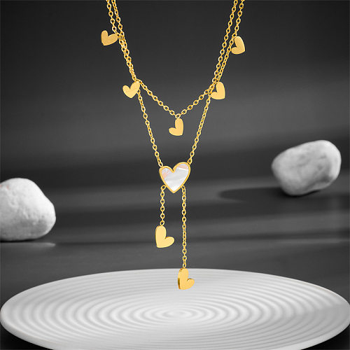 Sweet Simple Style Heart Shape Stainless Steel Inlay Shell Layered Necklaces