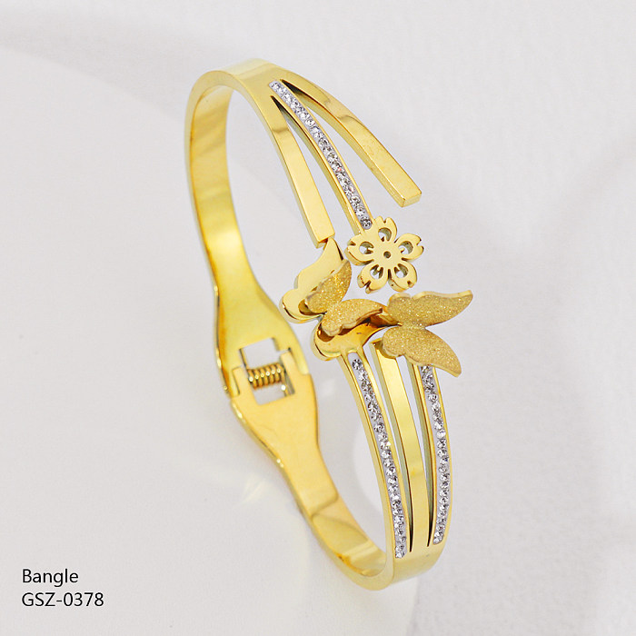 Estilo simples flor borboleta chapeamento de aço inoxidável oco incrustação strass rosa banhado a ouro banhado a prata pulseira