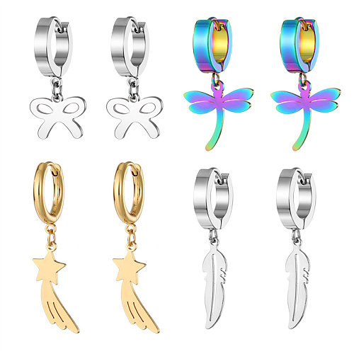 1 Paar baumelnde Ohrringe im Hip-Hop-Stil mit Federn, Libellen und Schleifenknoten, Edelstahlbeschichtung