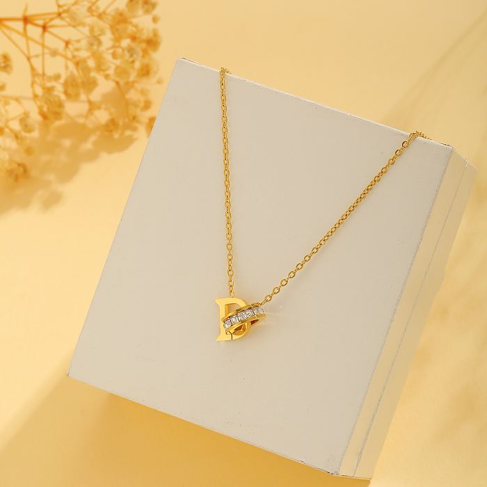 Simple Style Letter Stainless Steel Plating Inlay Zircon 18K Gold Plated Necklace