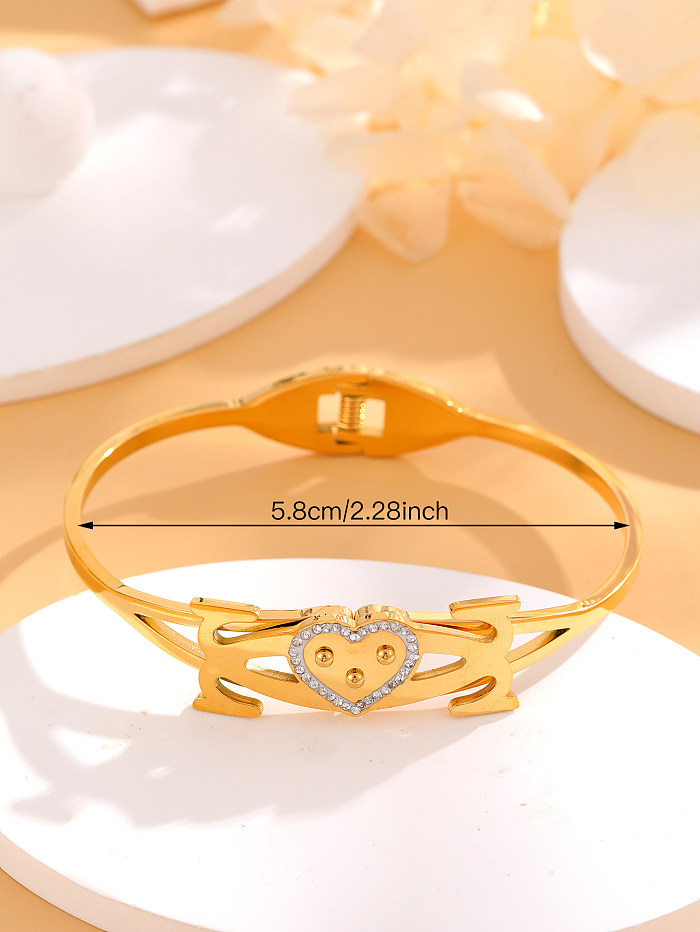 Elegant Cute Shiny Letter Titanium Steel Plating Crystal Rhinestones Zircon 18K Gold Plated Bangle