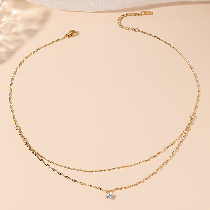 Simple Style Solid Color Stainless Steel Plating Inlay Rhinestones 18K Gold Plated Layered Necklaces