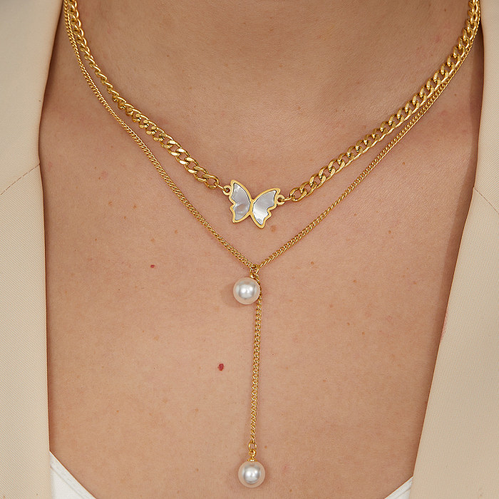 Romantic Sweet Butterfly Stainless Steel  Plating Inlay Artificial Pearls Shell Zircon 18K Gold Plated Layered Necklaces