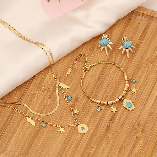 Süße Pentagramm-Halskette aus Edelstahl mit geometrischen Blättern, mehrlagige Perlen-Inlay-Halskette aus türkisfarbenem Edelstahl