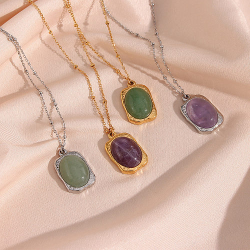 Vintage Style Oval Stainless Steel  Plating Natural Stone Pendant Necklace