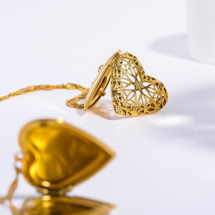 Collier pendentif plaqué or 18 carats, Style Vintage décontracté, en forme de cœur, plaqué en acier inoxydable, ajouré