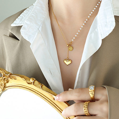 Collier avec pendentif en forme de cœur en acier inoxydable, style simple, plaqué perles, 1 pièce