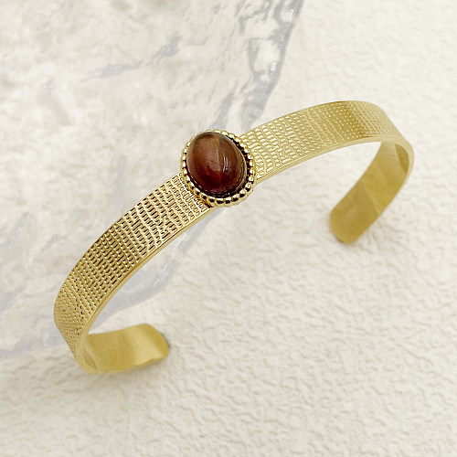 Bracelets de manchette ovales en acier inoxydable, Style nordique Vintage, incrustation de pierre naturelle, plaqué or 14 carats