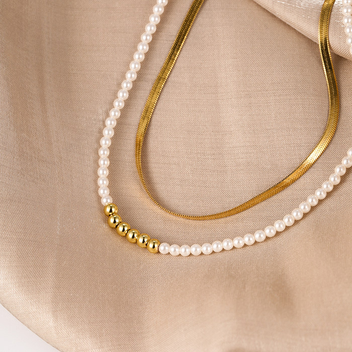 Modische, runde, geschichtete Halsketten aus Edelstahl mit Perlen und vergoldeten Perlen aus Edelstahl, 2-teiliges Set