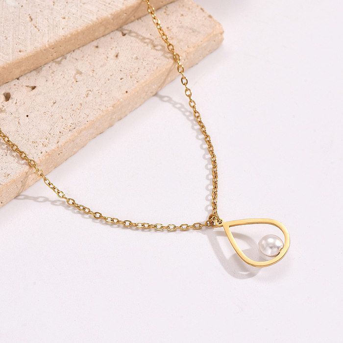 Elegant Simple Style Water Droplets Stainless Steel  Plating Inlay Artificial Pearls 14K Gold Plated Pendant Necklace