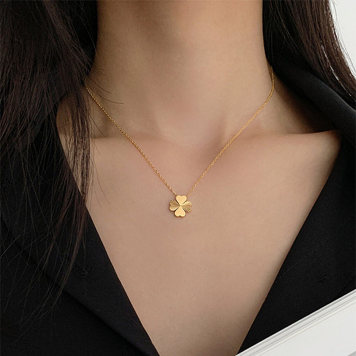 Sweet Four Leaf Clover Stainless Steel Plating 18K Gold Plated Pendant Necklace