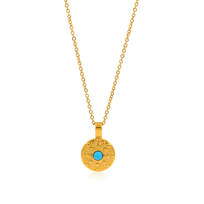 Elegant Retro Round Stainless Steel  Plating Inlay Turquoise 18K Gold Plated Pendant Necklace