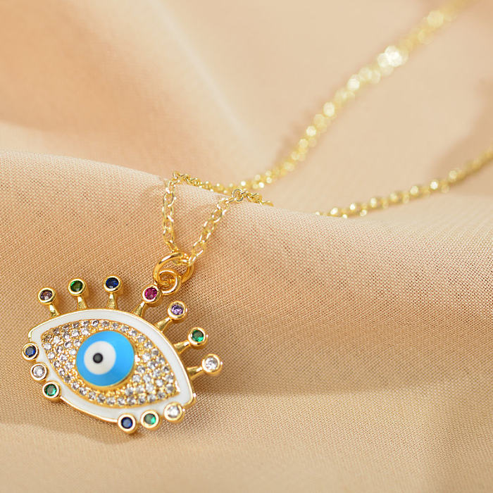 Elegant Glam Luxurious Eye Steel Enamel Inlay Zircon Pendant Necklace