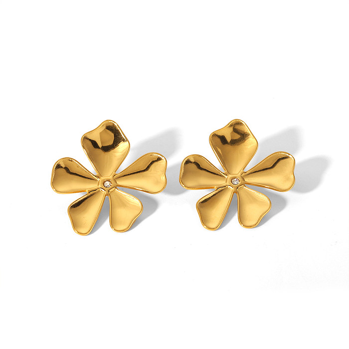 1 Pair Sweet Flower Polishing Plating Inlay Stainless Steel  Zircon 18K Gold Plated Ear Studs