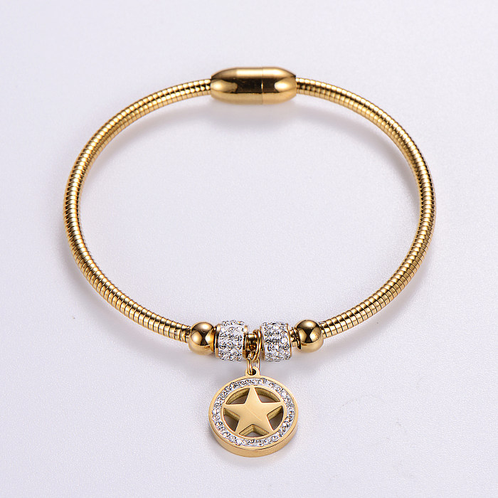 Estilo vintage estilo étnico estilo simples pentagrama urso aço inoxidável frisado chapeamento embutido strass pulseira banhada a ouro 18K