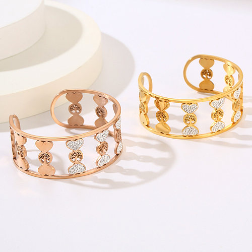 Simple Style Heart Shape Stainless Steel Plating Hollow Out Inlay Zircon 18K Gold Plated Bangle