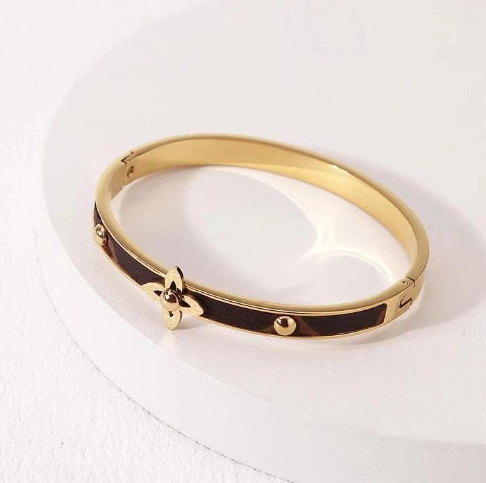 Retro Lady Round Flower Stainless Steel Enamel Plating Gold Plated Bangle