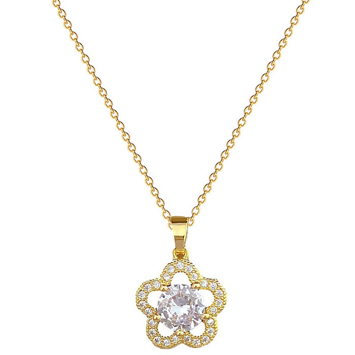 Simple Style Flower Stainless Steel  Copper Inlay Zircon Pendant Necklace