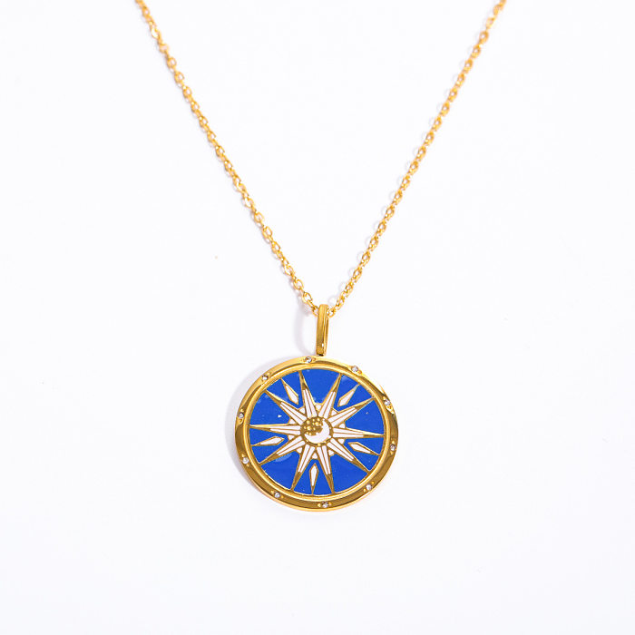 Simple Style Round Sun Devil'S Eye Stainless Steel Enamel Plating Inlay Zircon 18K Gold Plated Pendant Necklace