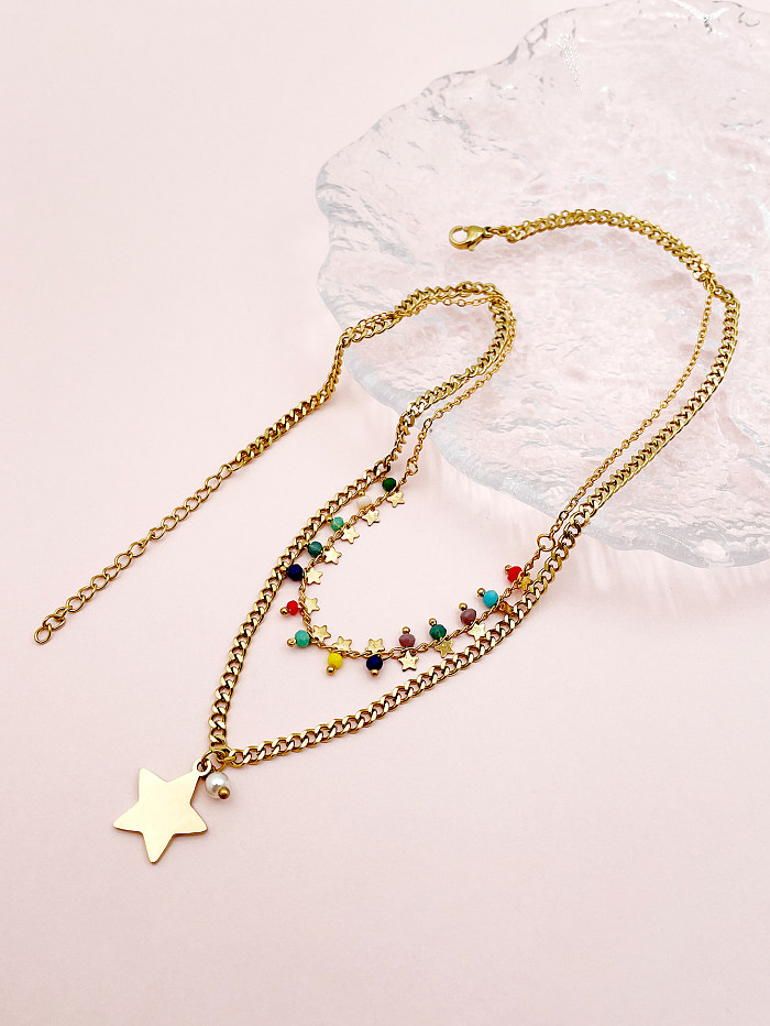 Casual Modern Style Pentagram Stainless Steel  Crystal Pearl Plating Gold Plated Layered Necklaces