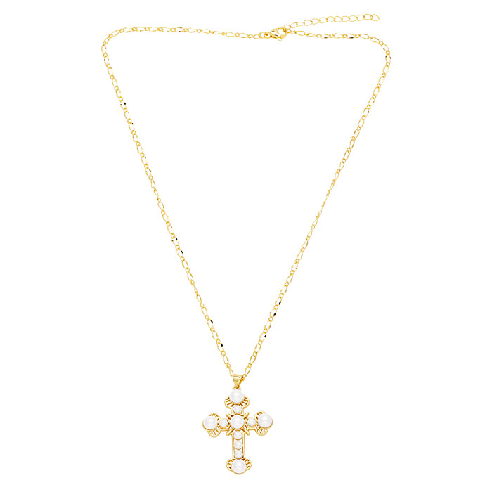 Elegante Kreuz-Anhänger-Halskette aus Edelstahl mit Kupferbeschichtung und Intarsienperle, 18 Karat vergoldet