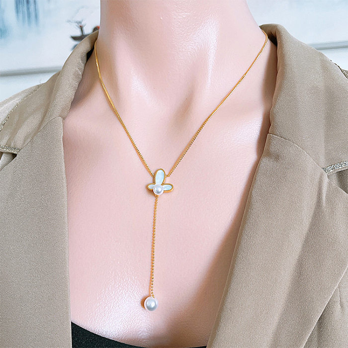 Mode Schmetterling Edelstahl Anhänger Halskette Inlay Künstliche Perlen Shell Edelstahl Halsketten
