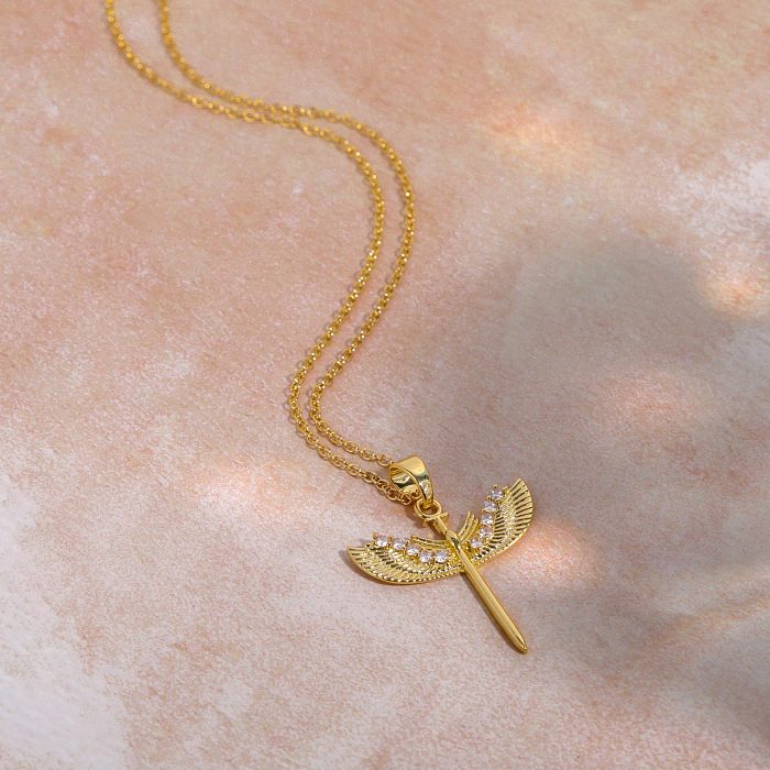 Hip-Hop Retro Wings Stainless Steel  Plating Inlay Zircon 18K Gold Plated Pendant Necklace