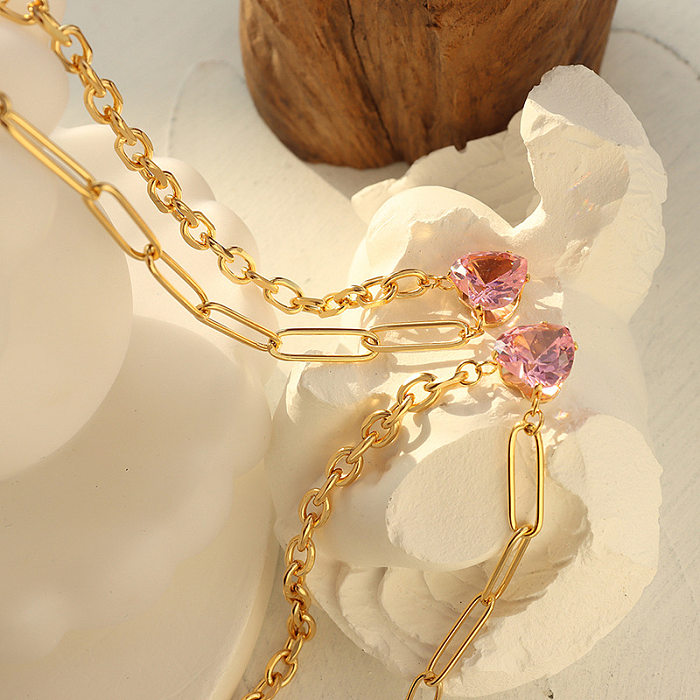 Koreanische neue trendige rosa Zirkon eingelegte Herz Anhänger Edelstahl Halskette