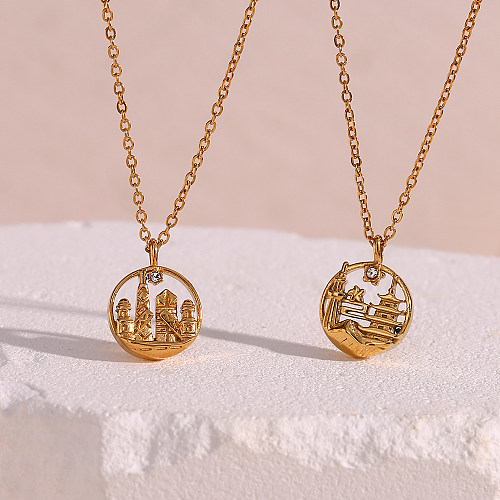 Vintage Style Artistic City Stainless Steel  Plating Inlay Artificial Diamond 18K Gold Plated Pendant Necklace