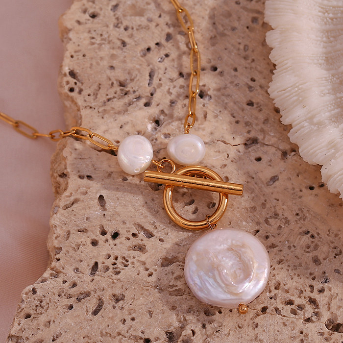 Collier pendentif irrégulier en acier inoxydable, Style français, avec perles d'eau douce, placage à bascule, plaqué or 18 carats, Style Vintage